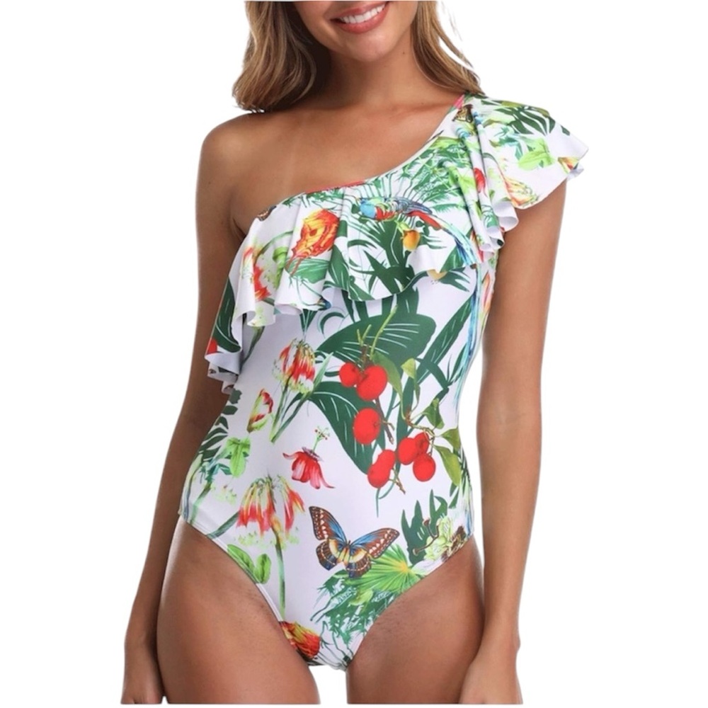 Women’s Swimsuit Ruffled Tropical Floral Flamingo Printed Bathing Suit XL